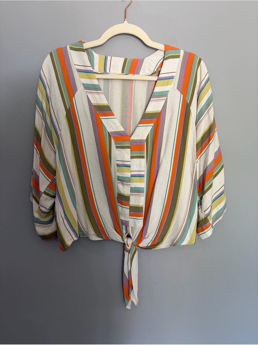 Marfinno Tie Front Top Women's Size M Boho Striped Kimono Sleeves Ivory Green